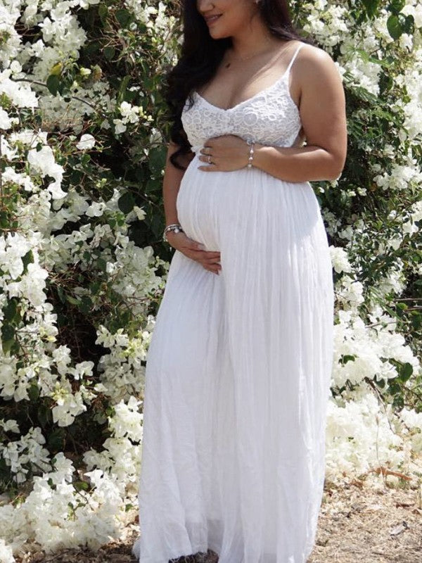 Lace Backless Pleated Spaghetti Strap V-neck Wedding Maternity Maxi Dress