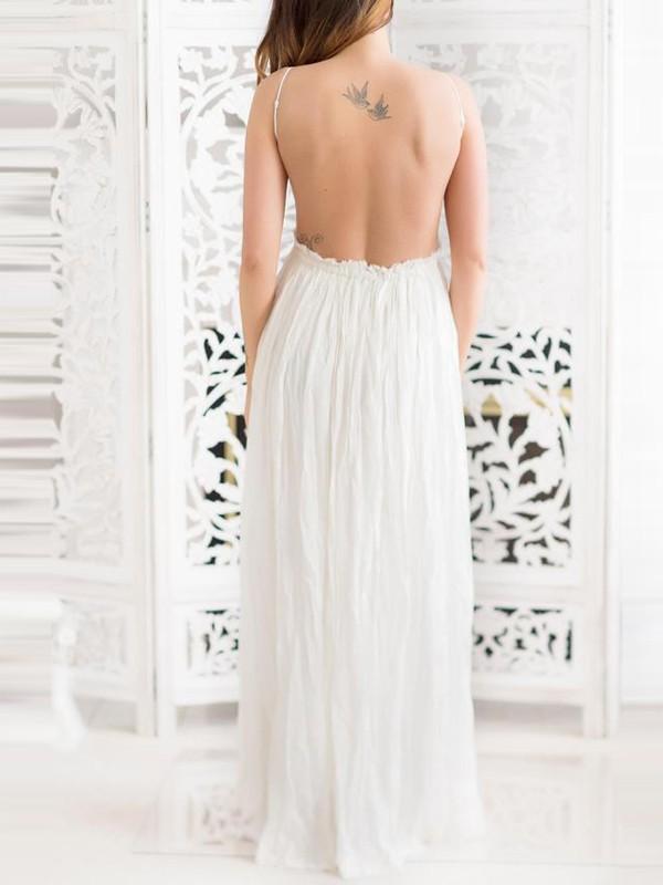 Lace Backless Pleated Spaghetti Strap V-neck Wedding Maternity Maxi Dress