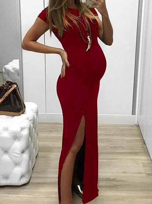 Side Slit Bodycon Round Neck Short Sleeve Casual Maxi Maternity Dress