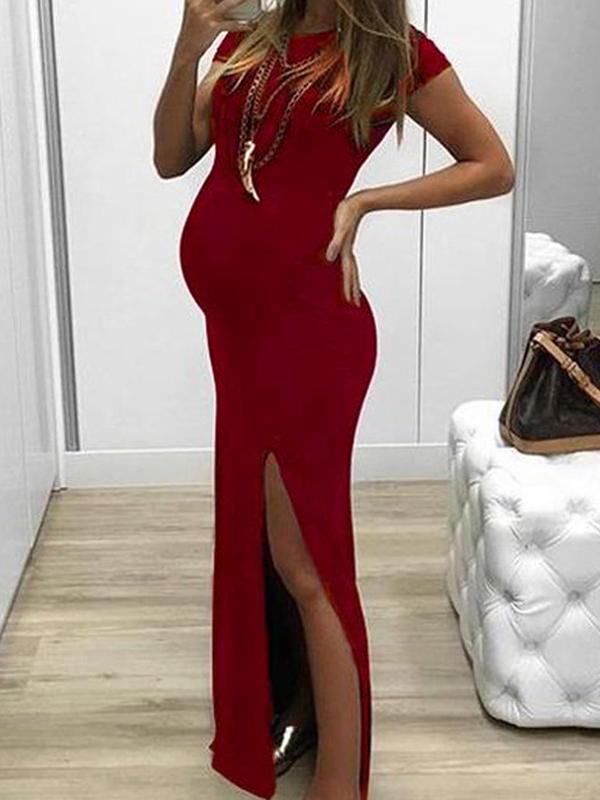 Side Slit Bodycon Round Neck Short Sleeve Casual Maxi Maternity Dress