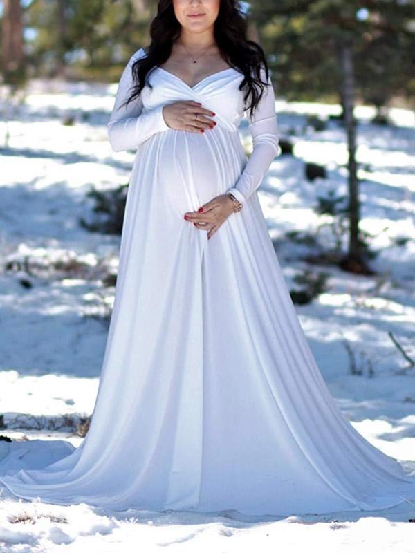 Off Shoulder Pleated Long Sleeve Babyshower Maternity Maxi Dress