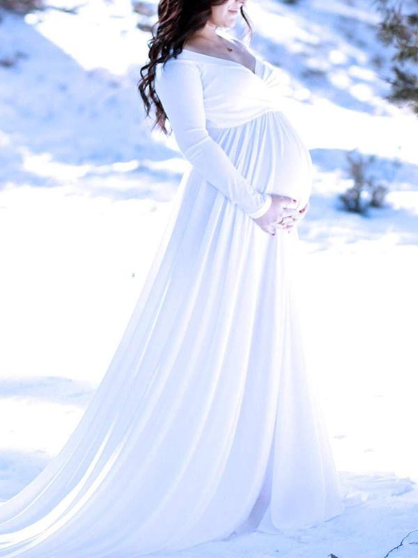 Off Shoulder Pleated Long Sleeve Babyshower Maternity Maxi Dress