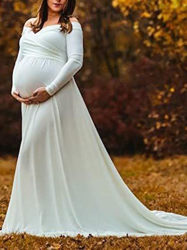 Off Shoulder Pleated Long Sleeve Babyshower Maternity Maxi Dress