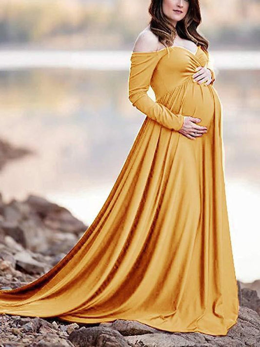 Off Shoulder Pleated Long Sleeve Babyshower Maternity Maxi Dress