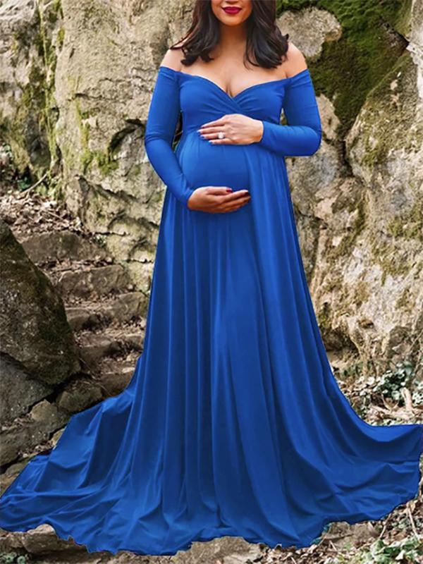 Off Shoulder Pleated Long Sleeve Babyshower Maternity Maxi Dress