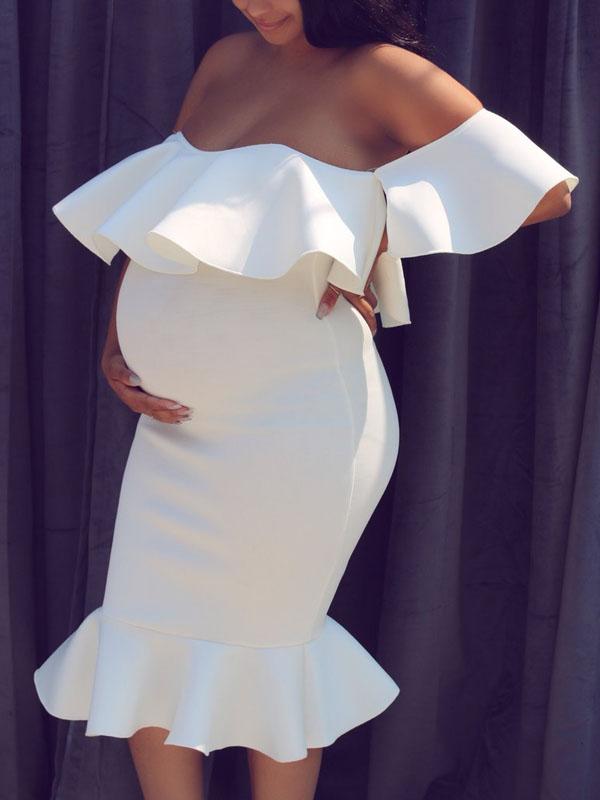 Elegant Off The Shoulder Baby Shower Dress Bodycon Mermaid Midi with Ruffle Short Sleeves Maternity Dress Summer for Women