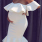 Elegant Off The Shoulder Baby Shower Dress Bodycon Mermaid Midi with Ruffle Short Sleeves Maternity Dress Summer for Women