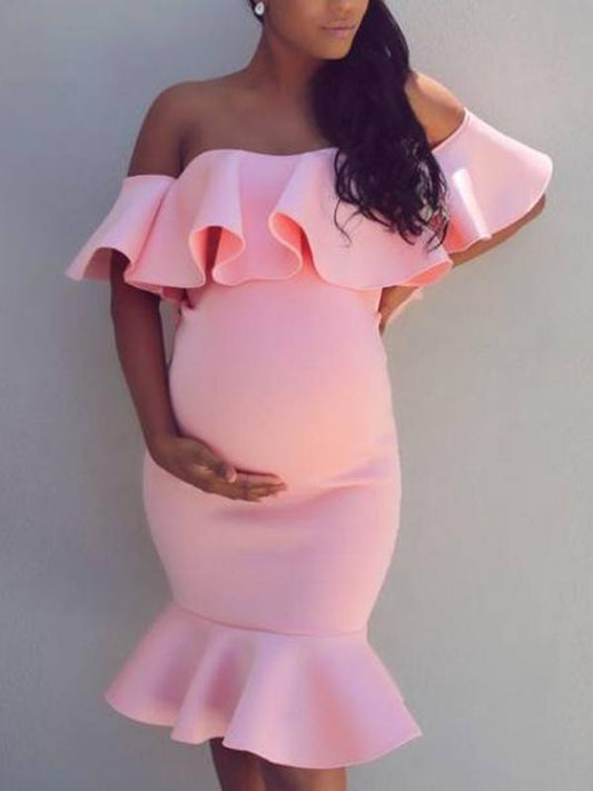 Elegant Off The Shoulder Baby Shower Dress Bodycon Mermaid Midi with Ruffle Short Sleeves Maternity Dress Summer for Women