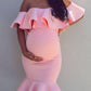 Elegant Off The Shoulder Baby Shower Dress Bodycon Mermaid Midi with Ruffle Short Sleeves Maternity Dress Summer for Women