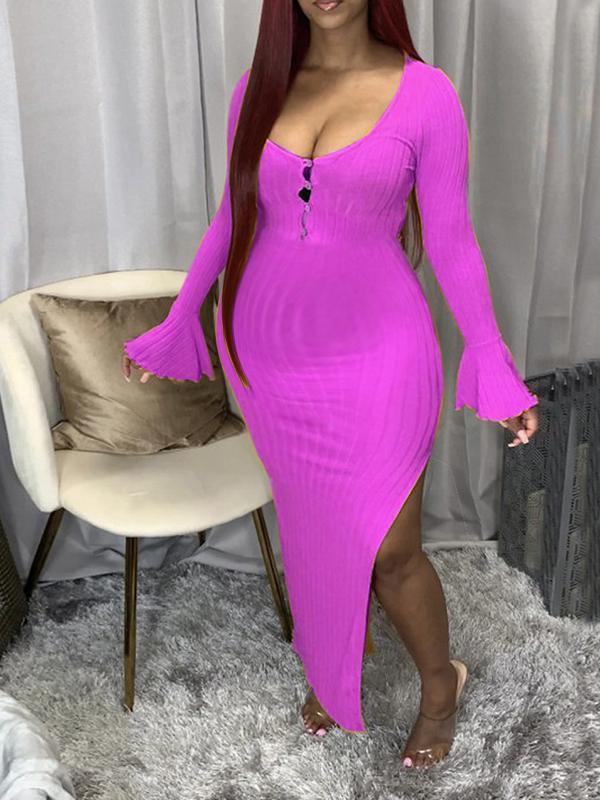 Buttons Bodycon Slit Flare Sleeve Maternity Sweater Fashion Maxi Dress