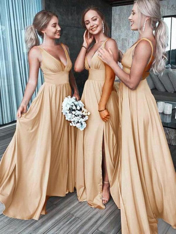 Seindeal  Maxi Dresses Spaghetti Straps Side Slit Bridesmaid Dresses V Neck Women Fashion