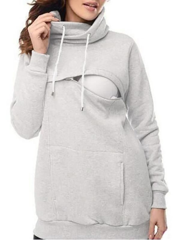 Pockets Zipper Cowl Neck Maternity Lactant Women Nursing Sweatshirt