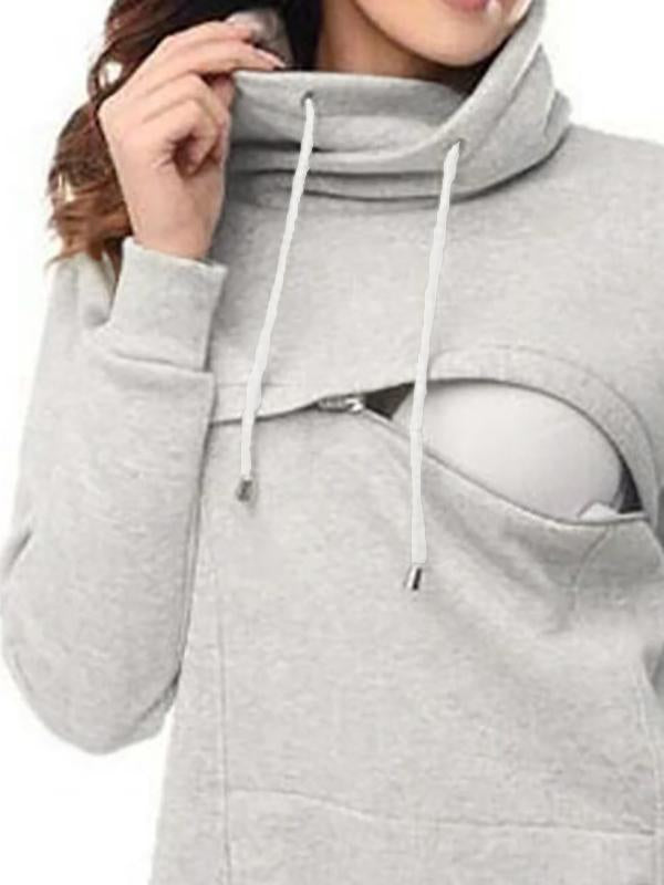 Pockets Zipper Cowl Neck Maternity Lactant Women Nursing Sweatshirt