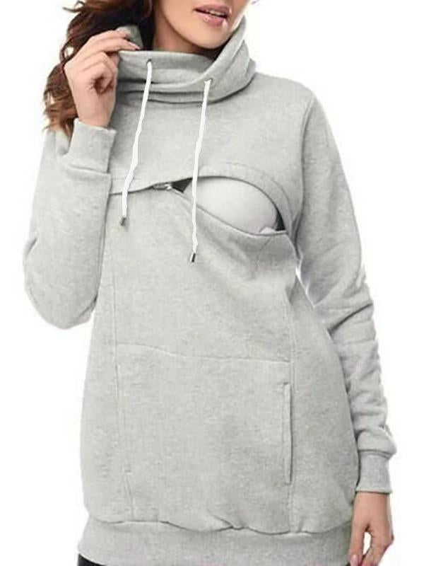 Pockets Zipper Cowl Neck Maternity Lactant Women Nursing Sweatshirt