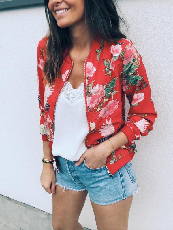 Floral Zipper Round Neck Long Sleeve Women Jackets Bomber Jacket