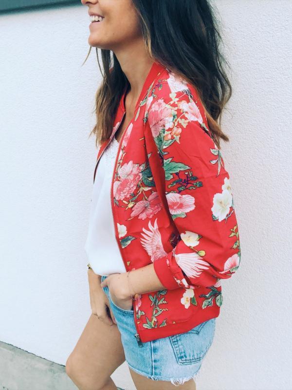 Floral Zipper Round Neck Long Sleeve Women Jackets Bomber Jacket