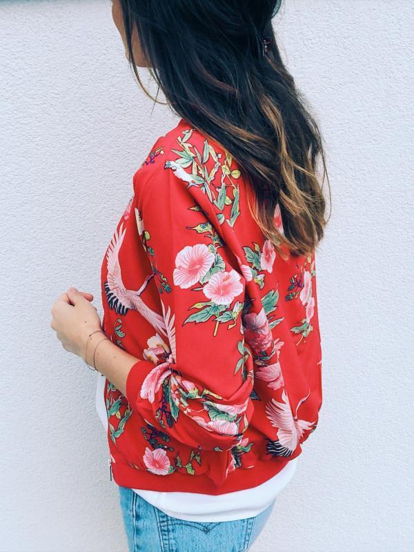 Floral Zipper Round Neck Long Sleeve Women Jackets Bomber Jacket