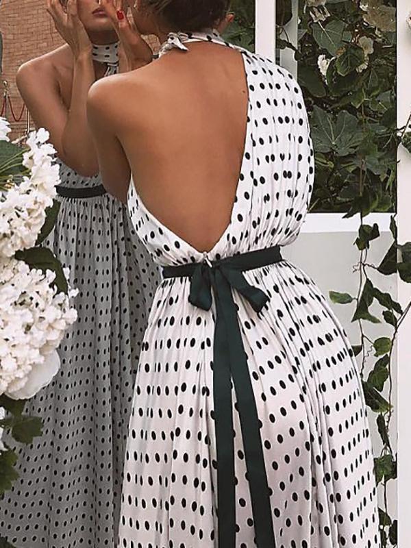 Polka Dot Irregular Belt Backless Sleeveless Maxi Dress Women's Fashion Evening Dress