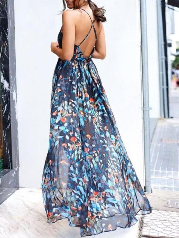 Flowers Backless Cross Back Suspender Skirt Floor Length Plunging Neckline Royal Blue Maternity Dress