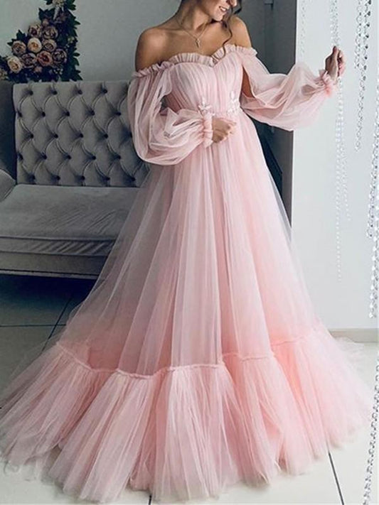 Lace Mesh Off Shoulder Boat Neck Long Sleeve A-Line Maxi Dress Women Fashion Ball Gown Evening Dress Tulle Dress