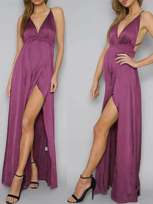 Solid Backless Tie Back Slit Flowy Plunging Neckline Sleeveless Maternity Maxi Dress