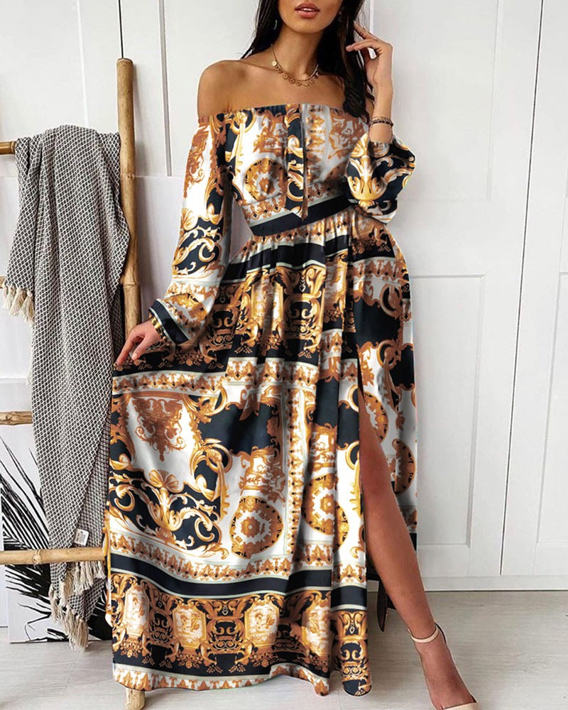 Floral Print Colorful Beach Maternity Off Shoulder Side Slit Lantern Sleeve Fashion Maxi Dress