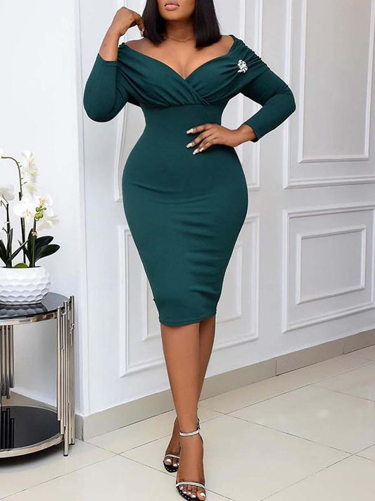 Solid Bodycon V-neck Long Sleeve Maternity Work Midi Dress