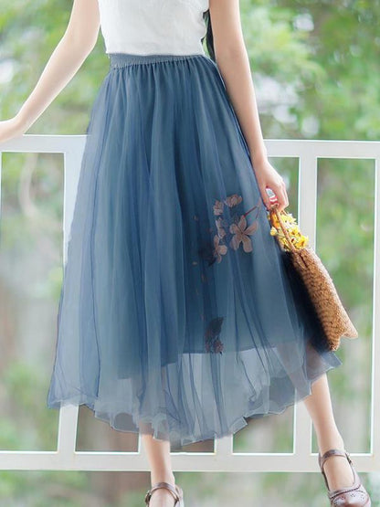 Floral Mesh Pleated High Waist Women Skirts Tulle Skirt Midi Skirt