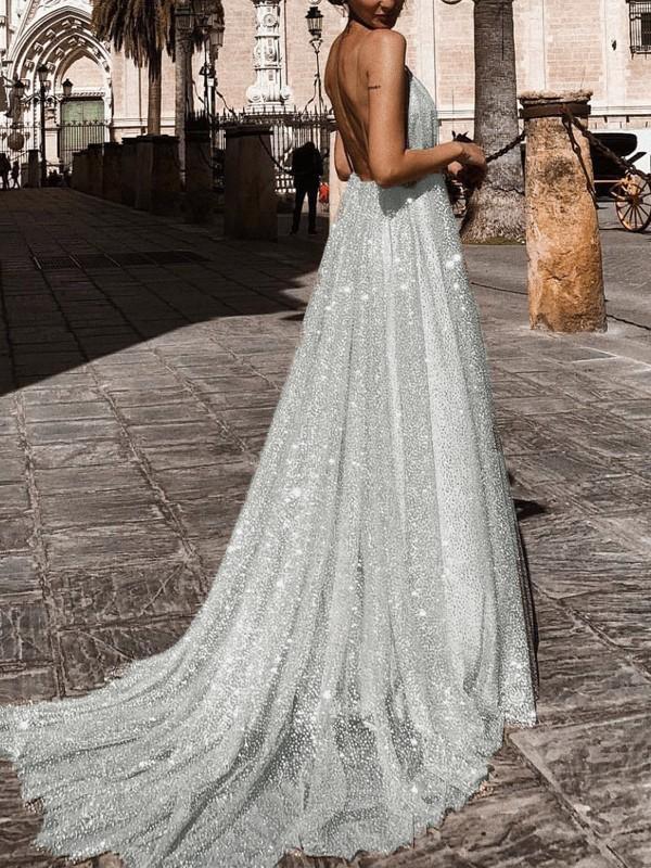 Seindeal  Spaghetti Straps Sequins Glitter V-Neck Train Backless Elegant Maxi Dress Evening Dress Women Fashion