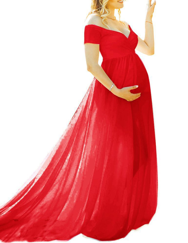 Seindeal Off Shoulder Chiffon Maternity Dress for Baby Shower PhotoShoot Flowy Maxi