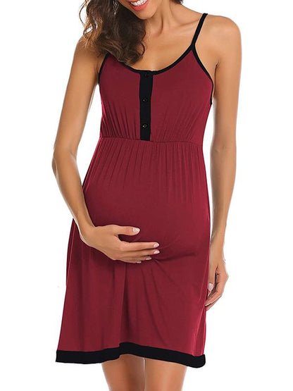 Buttons Spaghetti Strap Maternity Nursing Pajamas Casual Mini Dress