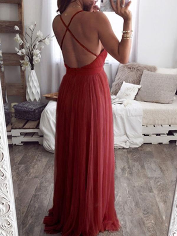 Backless Deep V-Neck Spaghetti Straps Women Maxi Dresses Tulle Dress Evening Dress Ball Gown