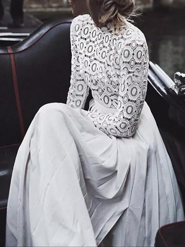 Seindeal Wedding Lace Band Collar Long Sleeve Pleated Maxi Maternity Dress for Wedding Guest