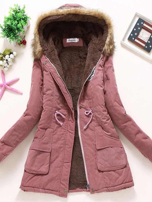 Fur Hooded Badge Pockets Long Sleeve Maternity Fluffy Coat