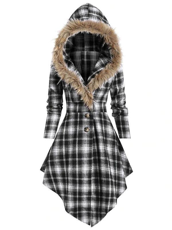 Plaid Fur Hoodie Buttons Long Sleeve Maternity Coat