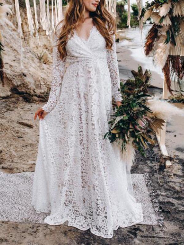 White Lace Backless V Neck Long Sleeve Women Maxi Dresses Wedding Dress Evening Dress Lace Dress