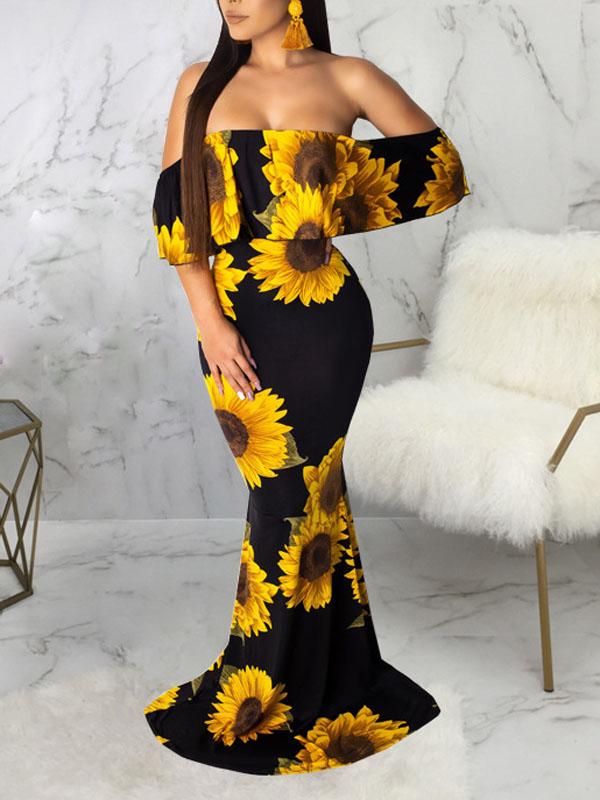 Seindeal Maternity Bodycon Dress Sunflower Rose Printed Off Shoulder Ruffle Mermaid Maxi Dresses