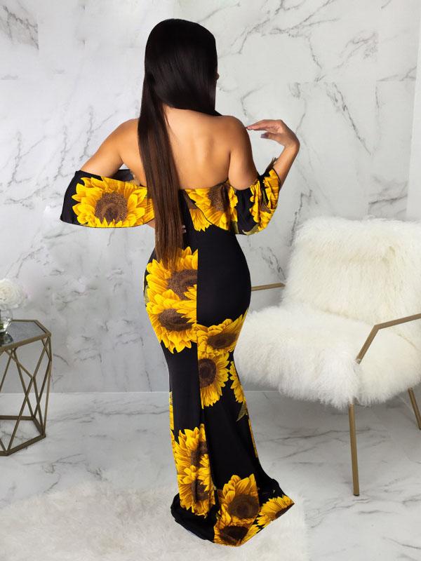 Seindeal Maternity Bodycon Dress Sunflower Rose Printed Off Shoulder Ruffle Mermaid Maxi Dresses