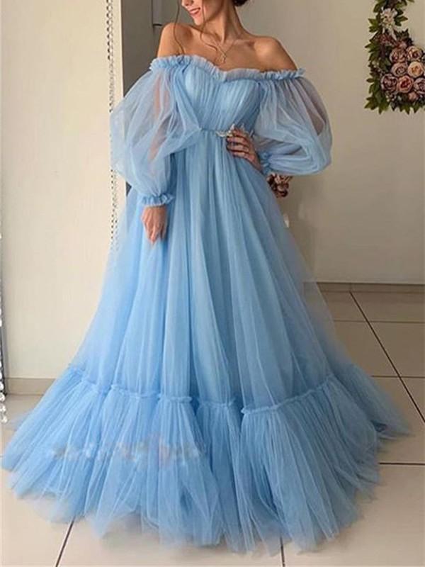 Seindeal Sky Blue Mesh Boat Neck Off Shoulder Long Sleeve Elegant Maxi Dress Ball Gown Evening Dress Tulle Dress