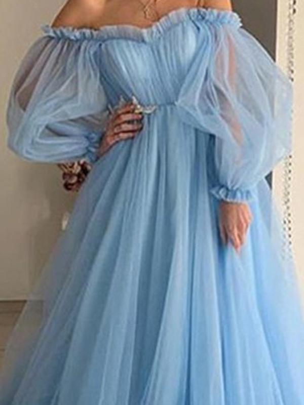 Seindeal Sky Blue Mesh Boat Neck Off Shoulder Long Sleeve Elegant Maxi Dress Ball Gown Evening Dress Tulle Dress