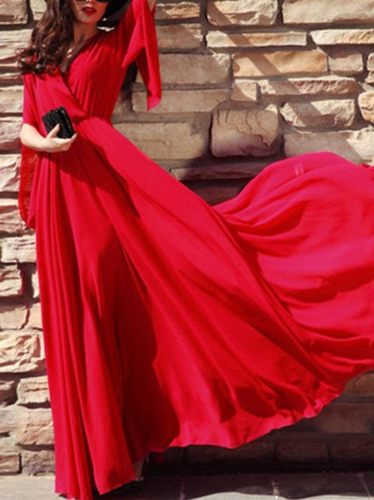 Pleated V-Neck Half-Length Women Maxi Dresses Elegant Dress Beach Dress