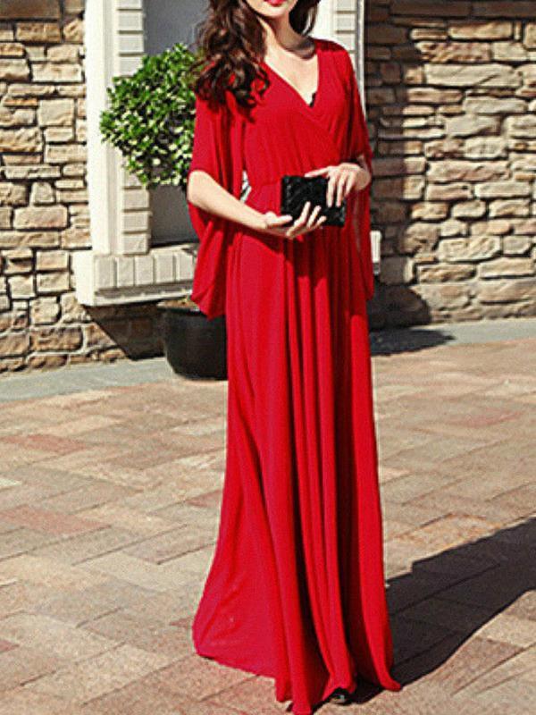 Pleated V-Neck Half-Length Women Maxi Dresses Elegant Dress Beach Dress