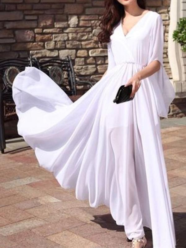 Pleated V-Neck Half-Length Women Maxi Dresses Elegant Dress Beach Dress