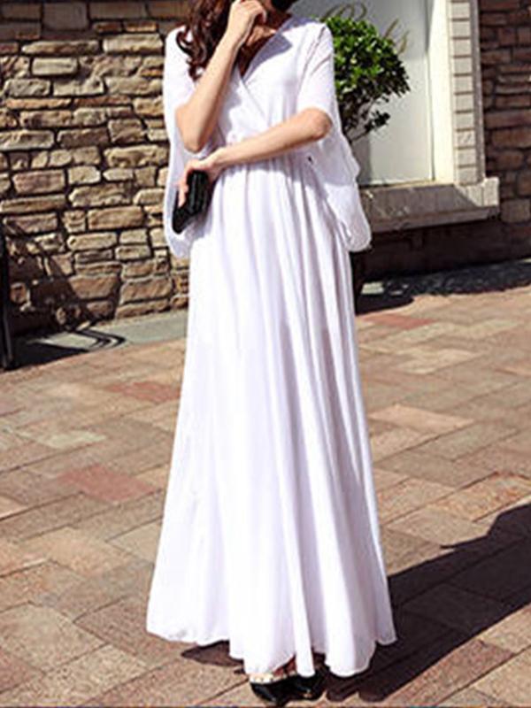 Pleated V-Neck Half-Length Women Maxi Dresses Elegant Dress Beach Dress