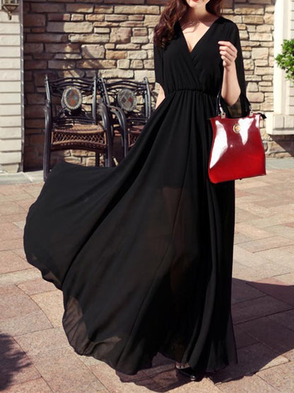 Pleated V-Neck Half-Length Women Maxi Dresses Elegant Dress Beach Dress