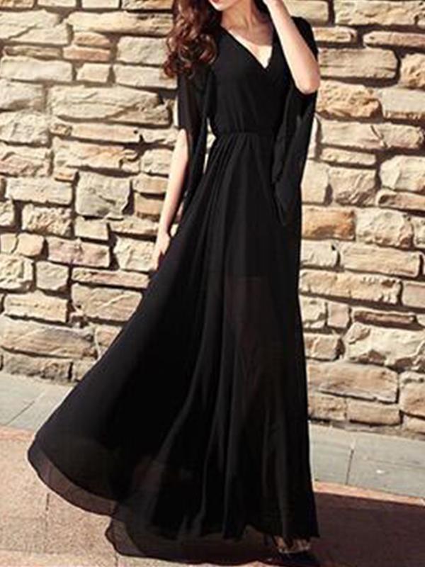 Pleated V-Neck Half-Length Women Maxi Dresses Elegant Dress Beach Dress