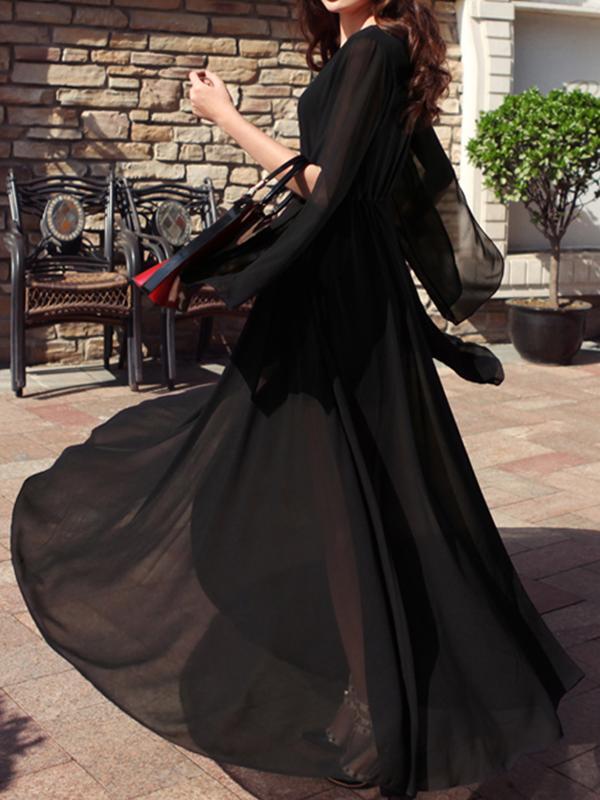 Pleated V-Neck Half-Length Women Maxi Dresses Elegant Dress Beach Dress