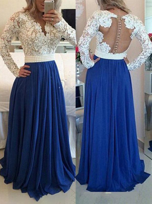 Sapphire Blue Patchwork Lace Pleated Backless V-Neck Long Sleeve Women Maxi Dresses Lace Dress Evening Dress