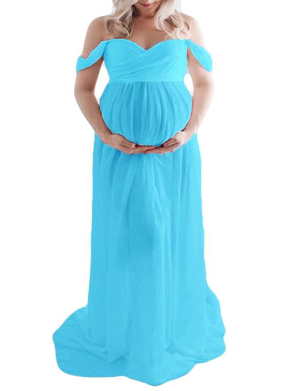 Slit Off Shoulder Photoshot Flowy Maxi Maternity Dress