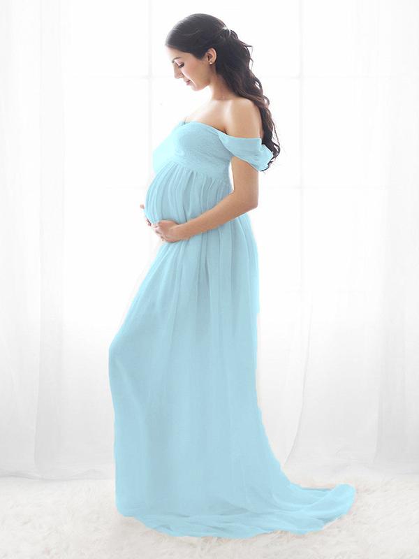 Slit Off Shoulder Photoshot Flowy Maxi Maternity Dress